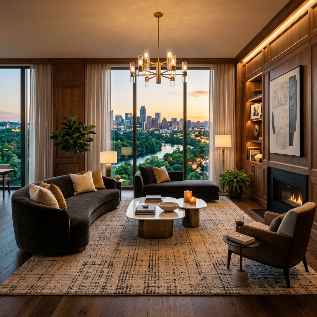 Luxury residential living room interior with warm lighting, wood floors, and large window looking onto a garden